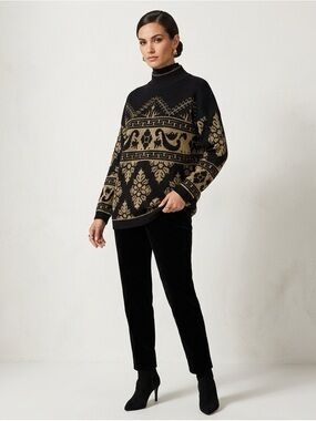 Anna G Black Sweater metallic Gold Jacquard Motif long sleeve knit sweater M